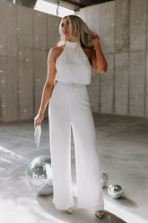 White High-Neck Strapless Jumpsuit With Beaded Belt Jump Suit